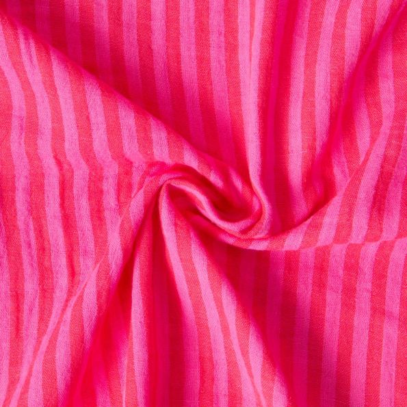 Tissu Double gaze de Coton Gipsy Rayé hibiscus sur fond Rose bonbon - Par 10 cm