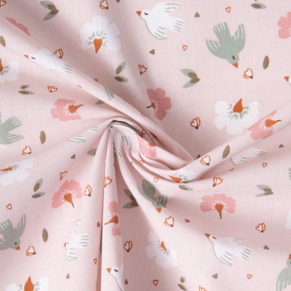 Tissu Coton imprimé Adael oiseaux et fleurs sur fond Rose clair - Par Coupon de 3m