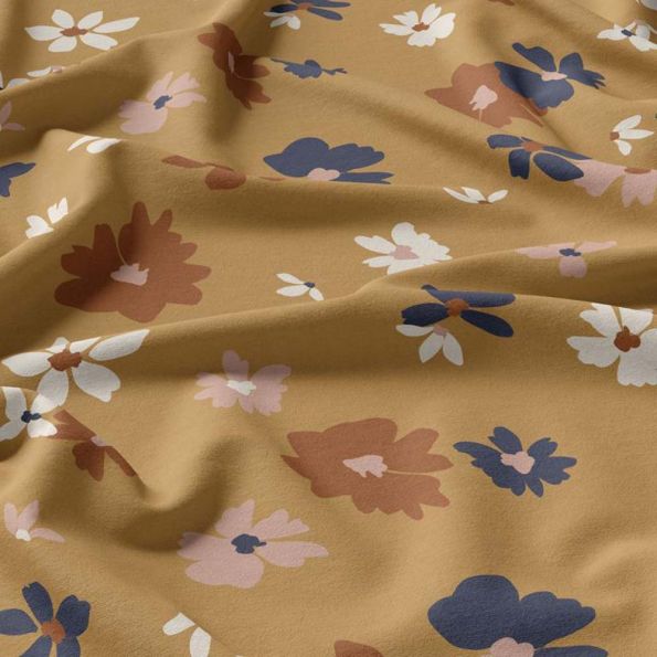 Tissu Viscose imprimé Aidina fleurs sur fond Camel - Par 10 cm