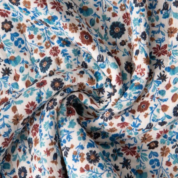 Tissu Double gaze de Coton Matelassé réversible Fleuris Aryada sur fond Ecru - Par 10 cm