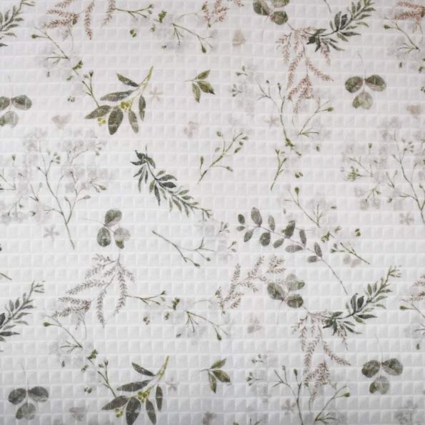 Tissu Nid d'abeille floral Azaya sauge sur fond Blanc - Par 10 cm