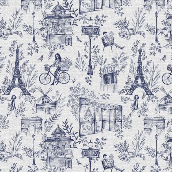 Tissu Toile de Coton Paris Bleu sur fond Blanc - Par 10 cm