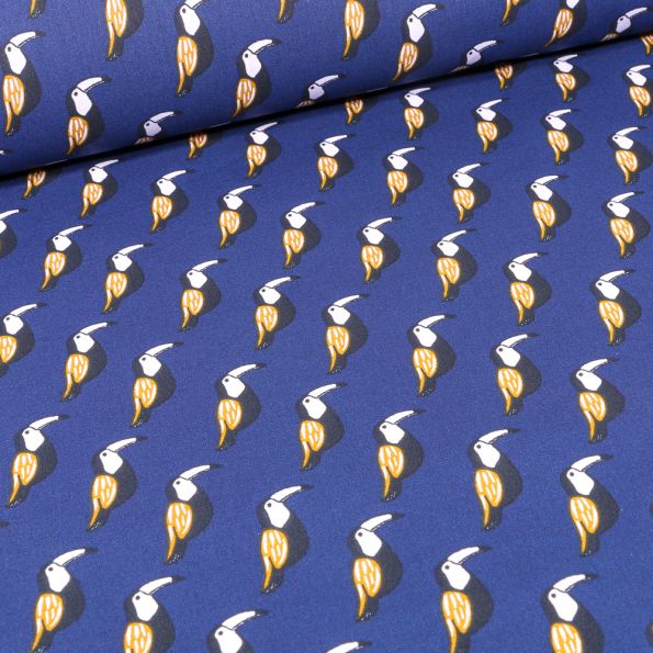 Tissu Coton imprimé Arty Toucans sur fond Bleu roi - Par 10 cm