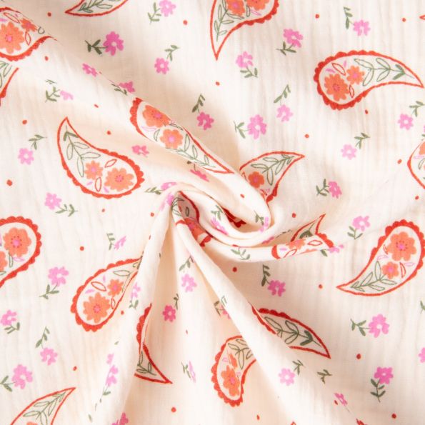 Tissu Double gaze de Coton Bandana petites fleurs Rouge sur fond Ecru - Par 10 cm