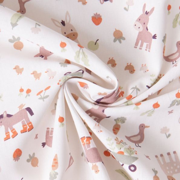 Tissu Coton imprimé Arty Animaux à la ferme Baude sur fond Blanc cassé - Par 10 cm
