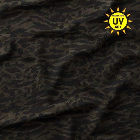 Tissu Lycra maillot de bain anti UV camouflage Bengal sur fond Vert kaki - Par 10 cm
