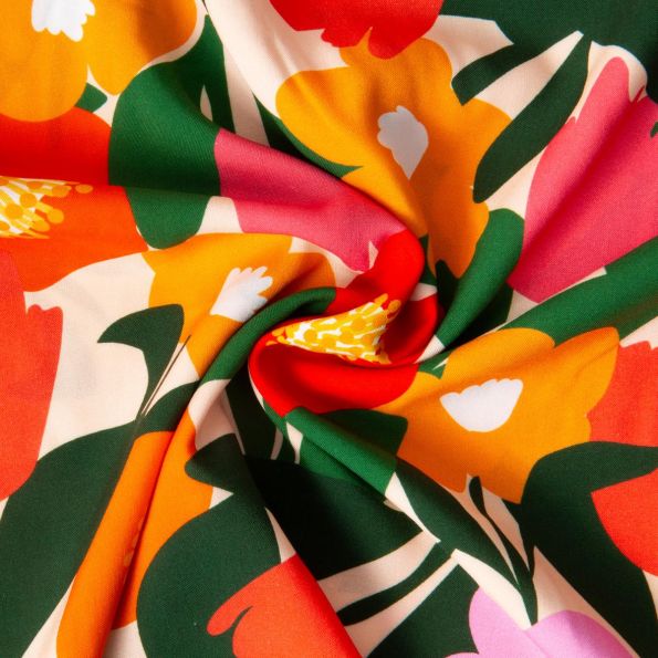 Tissu Viscose imprimé Arty Fleuris Bigflo sur fond Ecru - Par 10 cm