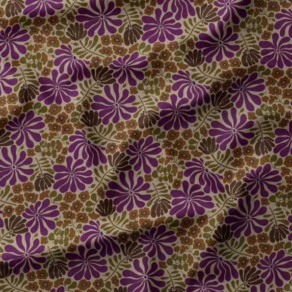 Tissu Velours milleraies imprimé Bomini fleuris violine sur fond Beige - Par 10 cm