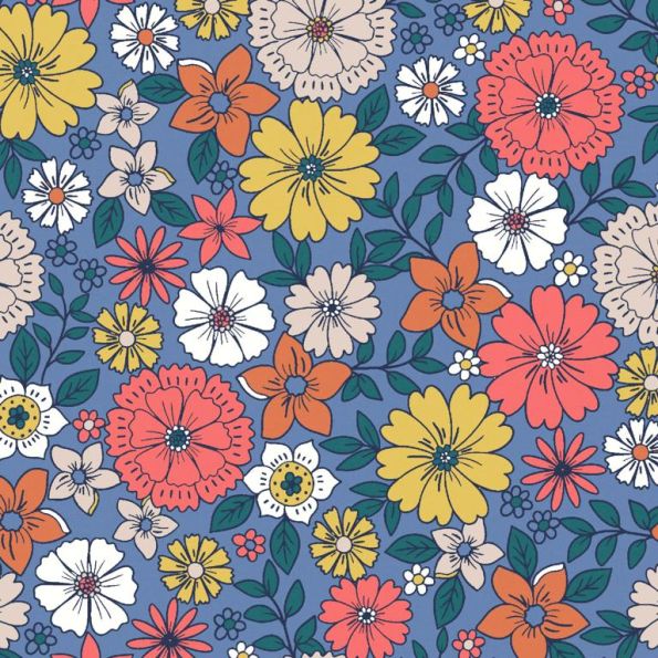 Tissu Popeline de Coton Romy sur fond Bleu jean - Par 10 cm