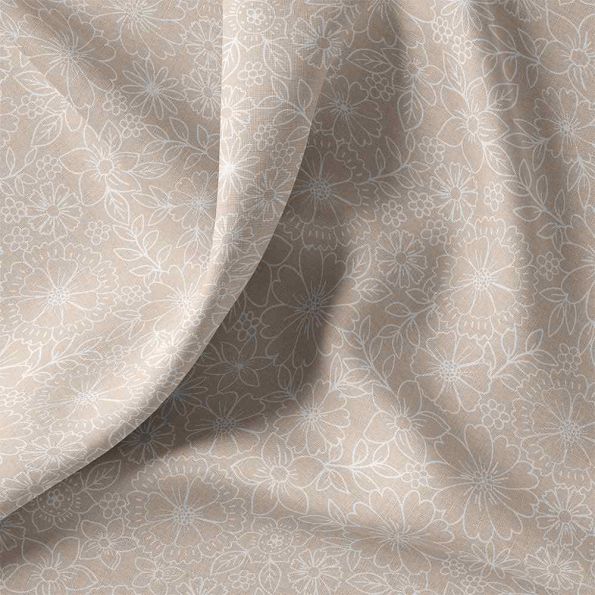 Tissu Coton imprimé floral Silvéa blanc sur fond Beige sable - Par 10 cm