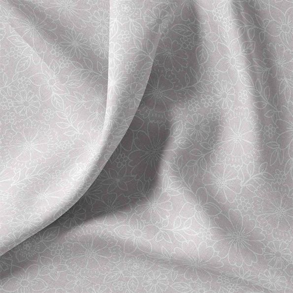 Tissu Coton imprimé floral Silvéa blanc sur fond Gris clair - Par 10 cm