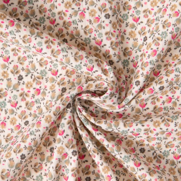 Tissu Double gaze de Coton Fleuris Caseia sur fond Ecru - Par 10 cm