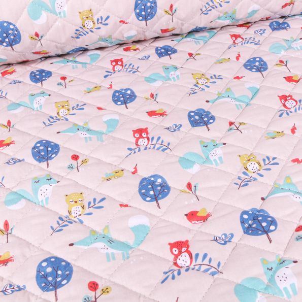 Tissu Matelassé Animaux de la foret colorés sur fond Naturel - Par 10 cm