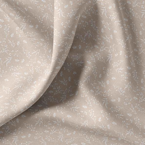 Tissu Coton imprimé floral  Luniva blanc sur fond Beige sable - Par 10 cm