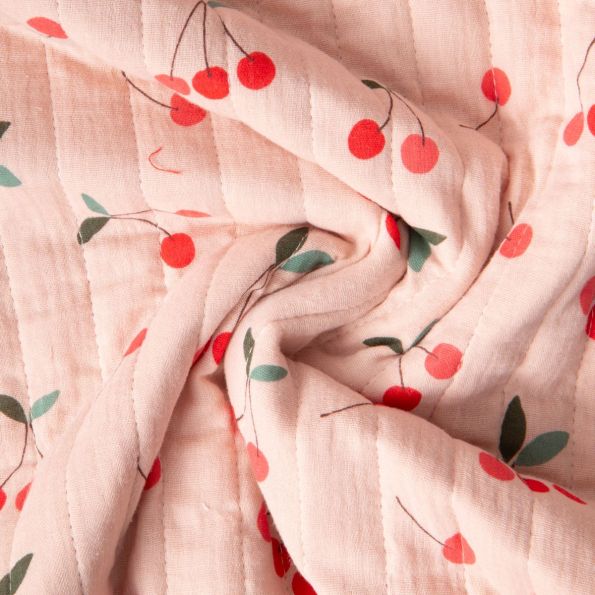 Tissu Double gaze de Coton Matelassé Cerises réversible Seersucker rayé sur fond Pêche - Par 10 cm