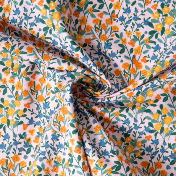 Tissu Coton imprimé Arty Fleuris Deniz sur fond Rose pastel - Par 10 cm
