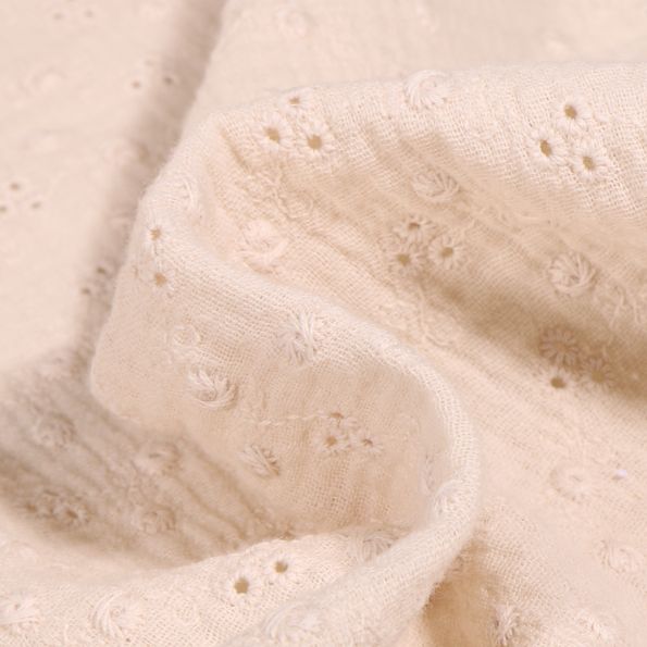 Tissu Double gaze Brodée Adèle sur fond Ecru - Par 10 cm