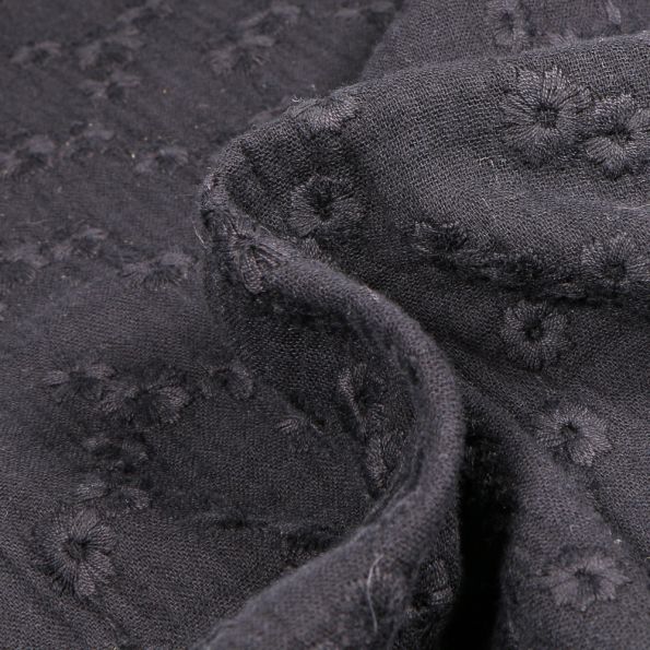 Tissu Double gaze Brodée Esmée sur fond Noir - Par 10 cm