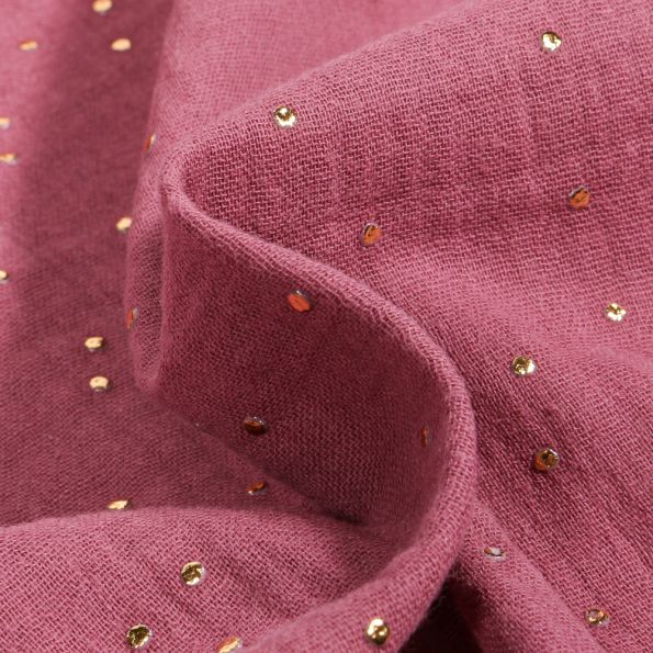 Tissu Double gaze Baya Pois dorés sur fond Bois de rose - Par 10 cm