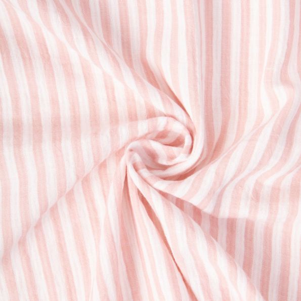 Tissu Double gaze de Coton Réversible Inès rayures Rose sur fond Blanc cassé - Par 10 cm