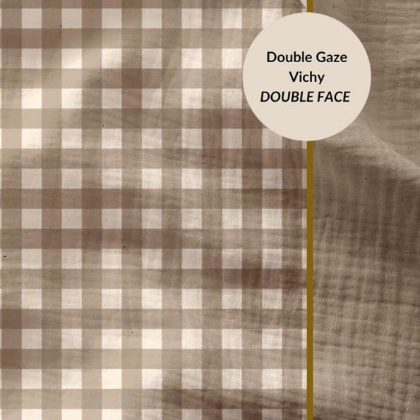 Coupon Tissu Double gaze Carreaux Vichy Taupe - Coupon de 70 cm
