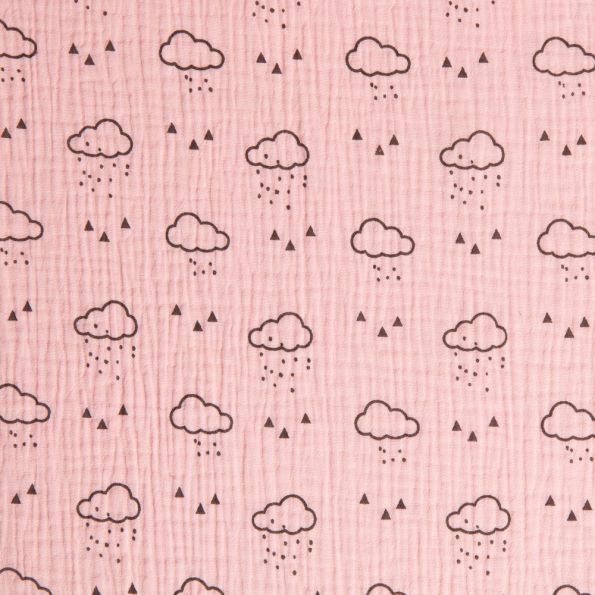 Tissu double gaze de coton Nuages noirs sur fond Rose blush - Par 10 cm