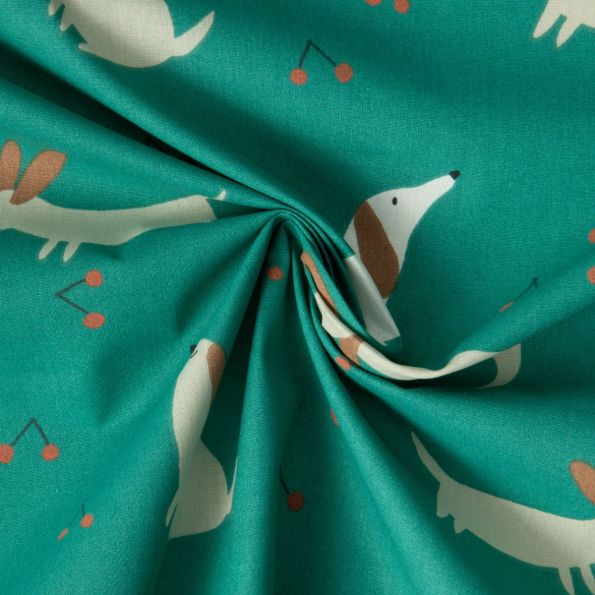 Tissu Coton imprimé Dowe chiens et cerises sur fond Vert foncé - Par Coupon de 3m