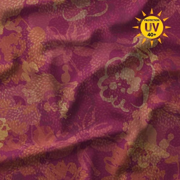 Tissu Lycra maillot de bain anti UV floral  Mauvia orange sur fond Prune - Par 10 cm