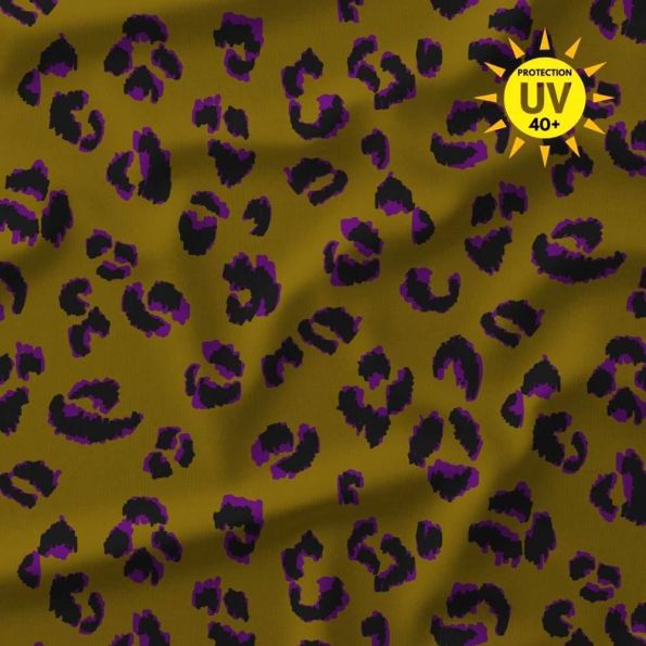 Tissu Lycra maillot de bain anti UV léopard Fauvia sur fond Jaune moutarde - Par 10 cm