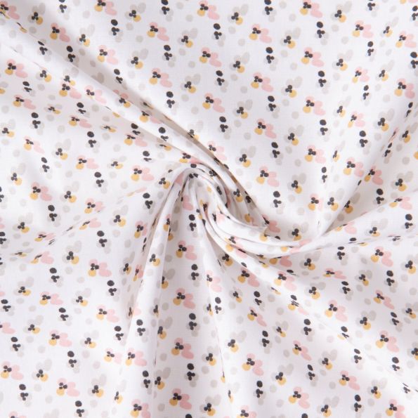 Coupon Tissu Coton imprimé Fimoa motifs abstraits rose pâle, jaune et noir sur fond Blanc - Par Coupon de 3m - Coupon de 120 cm