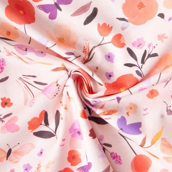 Tissu Coton imprimé digital Arty Fleurs Fisal sur fond Rose pâle - Par 10 cm