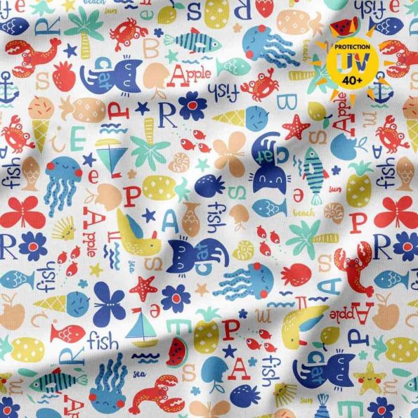 Tissu Lycra maillot de bain anti UV marin Oceaby sur fond Blanc - Par 10 cm