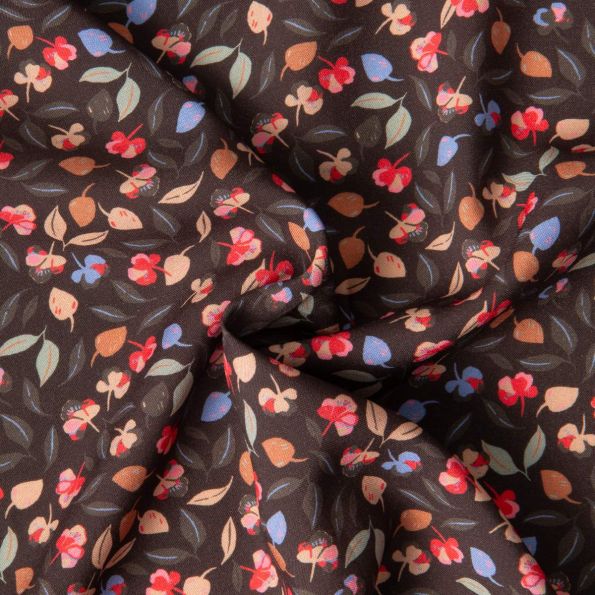 Tissu Viscose imprimé digital Arty Petites feuilles Flavi sur fond Marron chocolat - Par 10 cm