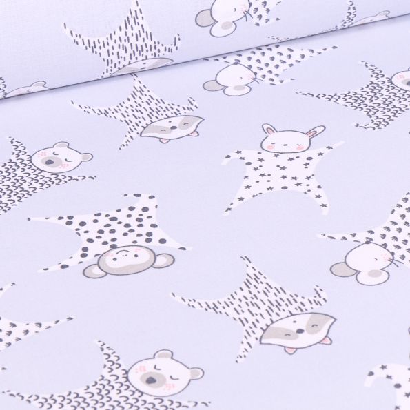 Tissu Coton imprimé Arty Peluches doudou sur fond Bleu ciel - Par 10 cm