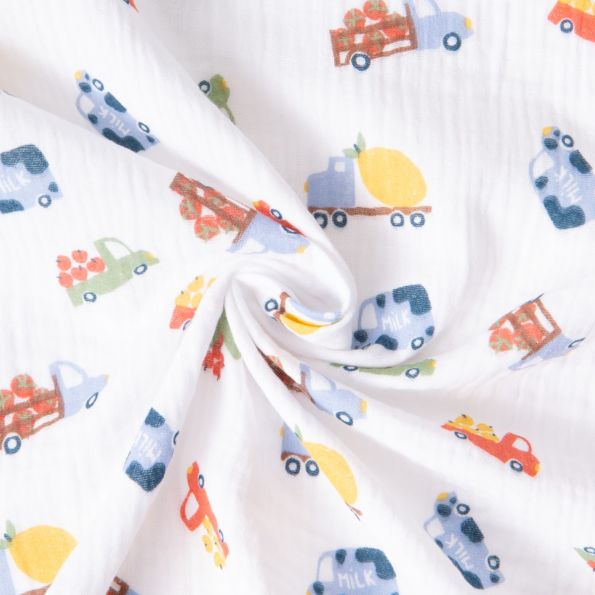 Tissu Double gaze Fresh petits camions Bleu sur fond Blanc - Par 10 cm