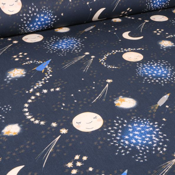 Tissu Coton imprimé Arty Fullmoon sur fond Bleu marine - Par 10 cm