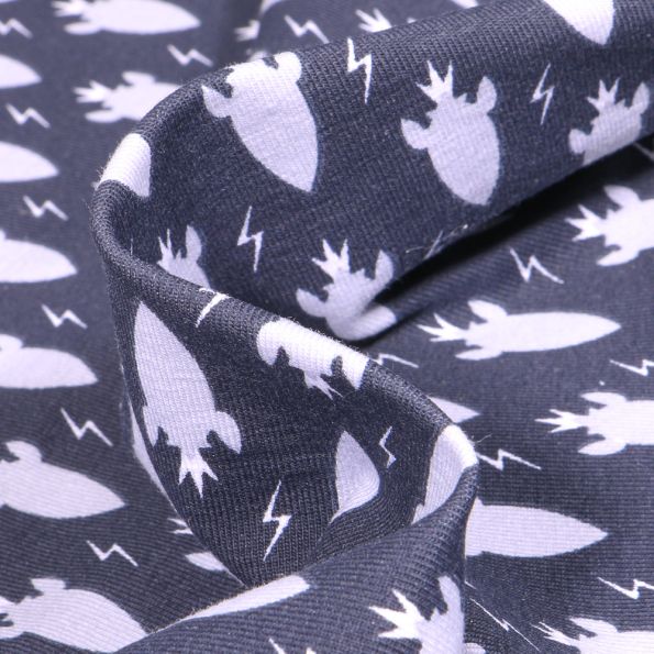 Tissu Jersey Coton Fuzmini sur fond Bleu marine - Par 10 cm