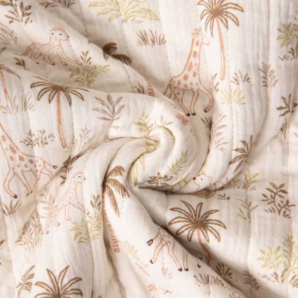 Tissu Double gaze de Coton Matelassé réversible La savane sur fond Ecru - Par 10 cm