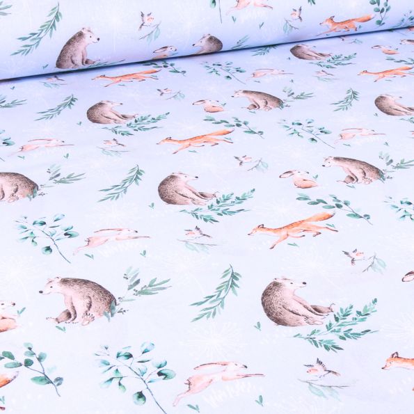 Tissu Coton imprimé Grimm sur fond Bleu ciel - Par 10 cm