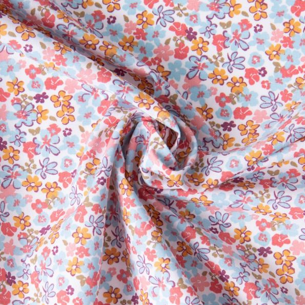 Tissu Coton imprimé Arty Fleuris Bleu et rose sur fond Blanc - Par 10 cm