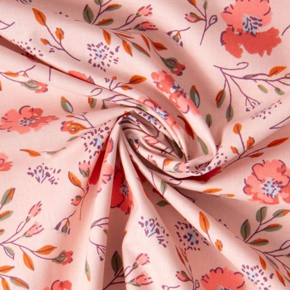Coupon Tissu Coton imprimé Arty Fleurs Josy sur fond Rose clair - Coupon de 130 cm