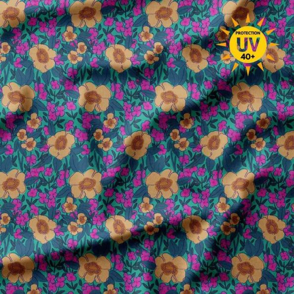 Tissu Lycra maillot de bain anti UV fleurs Julora jaunes sur fond Bleu canard - Par 10 cm