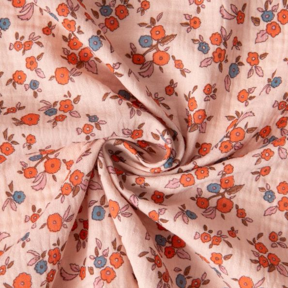 Tissu Double gaze de Coton Fleuris June sur fond Pêche - Par 10 cm