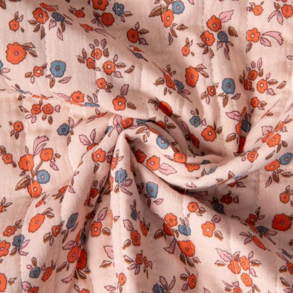 Tissu Double gaze de Coton Matelassé Fleuris réversible Seersucker rayé sur fond Rose pâle - Par 10 cm