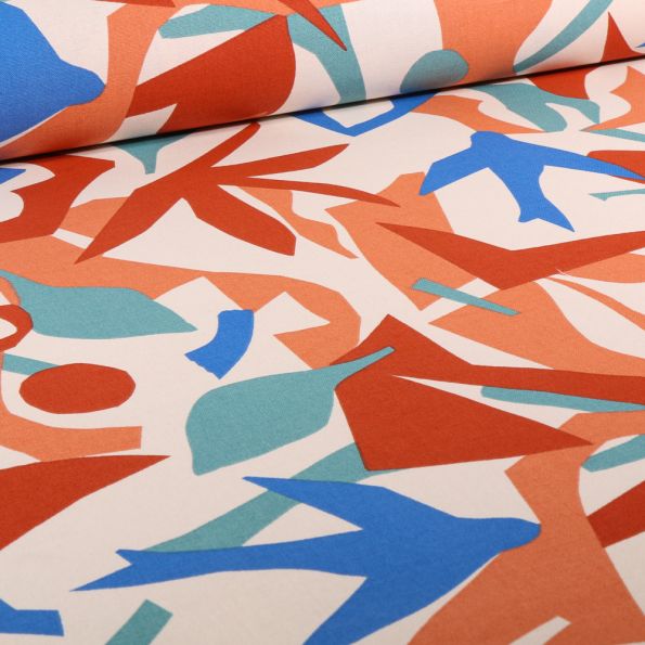 Tissu Toile de Coton Korabi sur fond Ecru - Par 10 cm