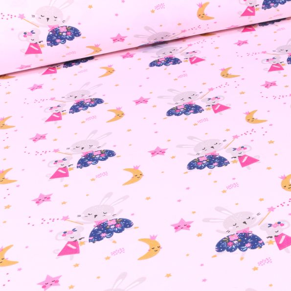 Tissu Jersey coton Lapine fée sur fond Rose pâle - Par 10 cm