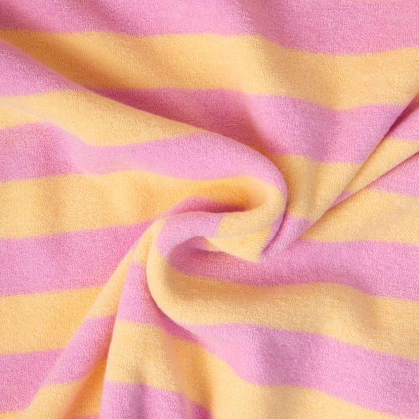 Tissu Jersey Eponge rayures Jaune beurre sur fond Rose bonbon - Par 10 cm