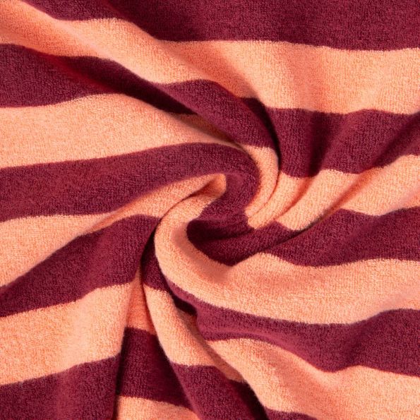 Tissu Jersey Eponge rayures Pêche sur fond Bordeaux - Par 10 cm