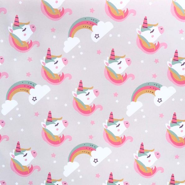 Coupon Tissu Imperméable déperlant Lilyane Licorne sur fond Bleu gris - Coupon de 60 cm