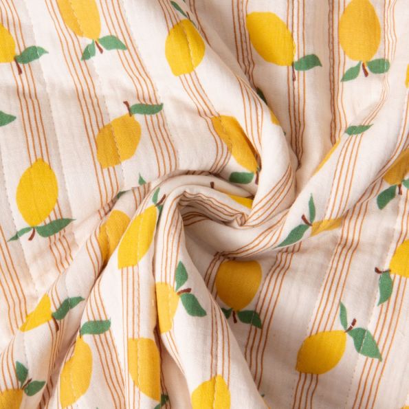 Tissu Double gaze de Coton Matelassé Citrons réversible rayé sur fond Ecru - Par 10 cm